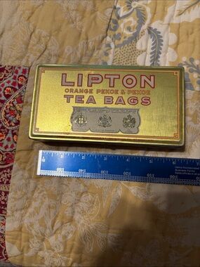 Gold Tea Tin - Yellow Metal Storage Box-Vintage